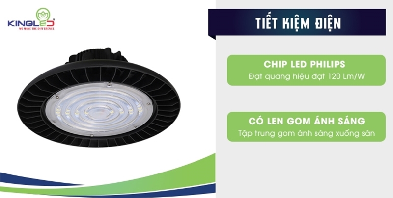 Đèn Highbay UFO Kingled sử dụng chip LED PHILIPS cao cấp, tiết kiệm điện năng